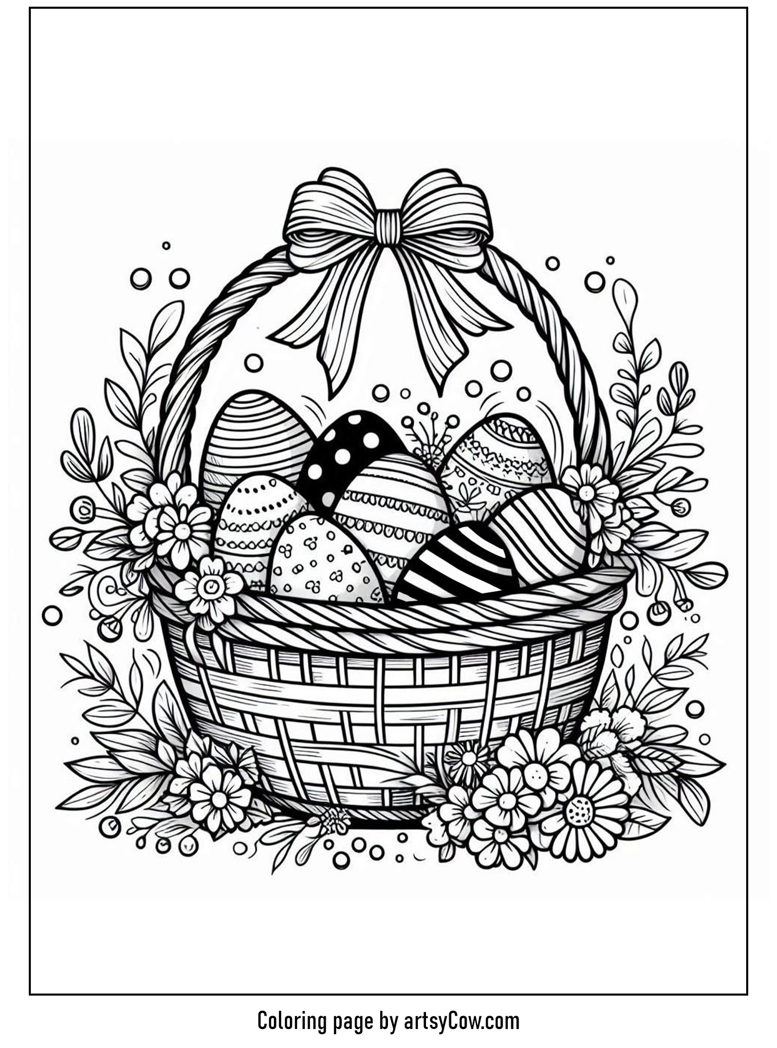 Easter coloring pages for kids featuring a basket filled with beautifully patterned Easter eggs, surrounded by flowers and tied with a large bow.